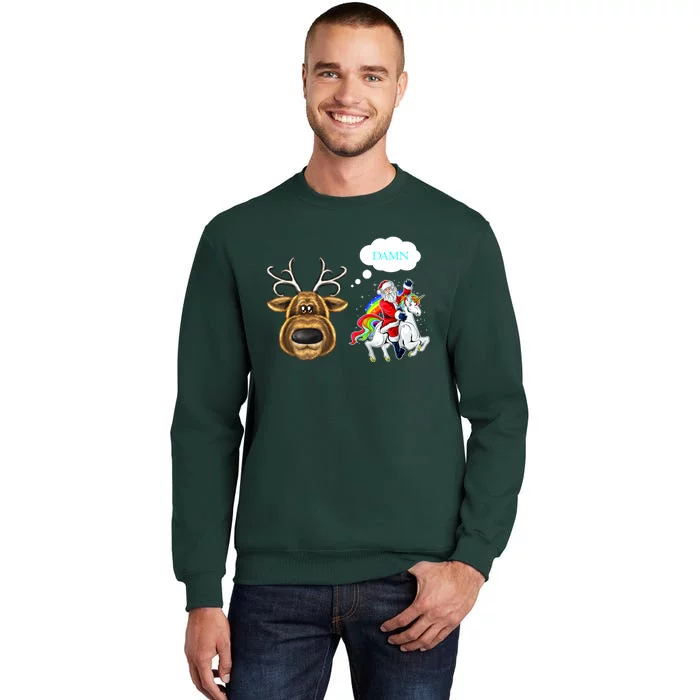 Funny Reindeer Replaced By Unicorn With Santa Claus Tall Sweatshirt