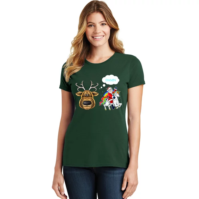 Funny Reindeer Replaced By Unicorn With Santa Claus Women's T-Shirt