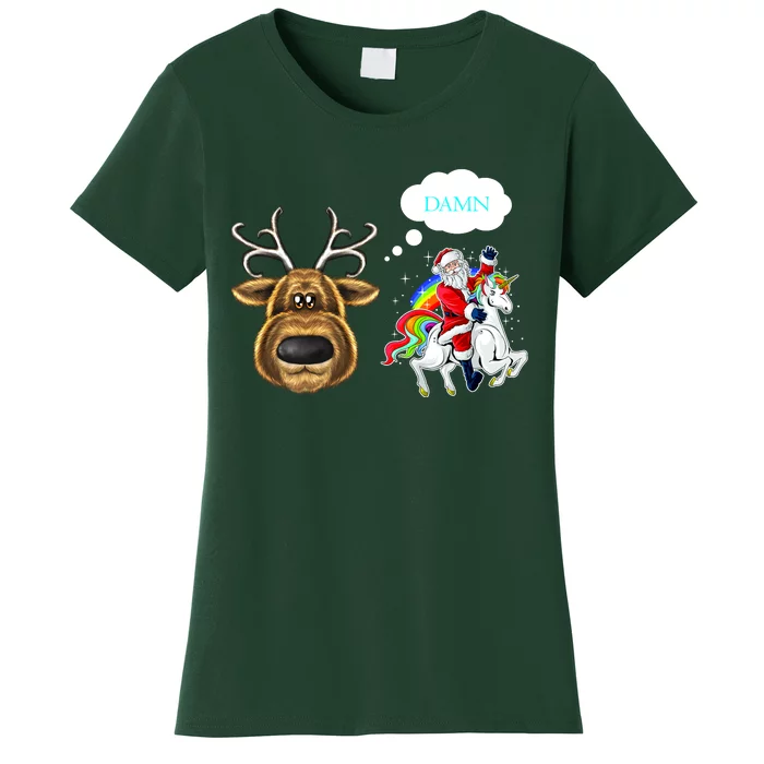 Funny Reindeer Replaced By Unicorn With Santa Claus Women's T-Shirt