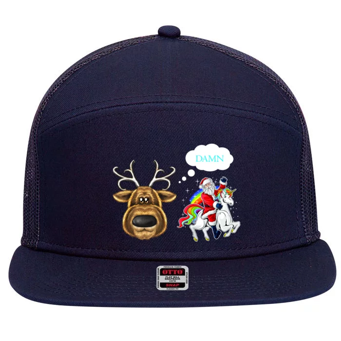 Funny Reindeer Replaced By Unicorn With Santa Claus 7 Panel Mesh Trucker Snapback Hat