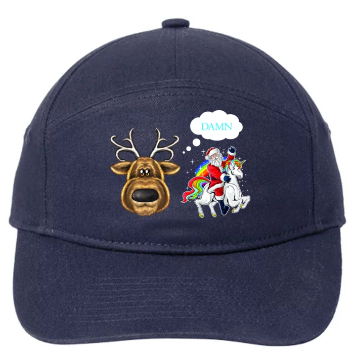 Funny Reindeer Replaced By Unicorn With Santa Claus 7-Panel Snapback Hat