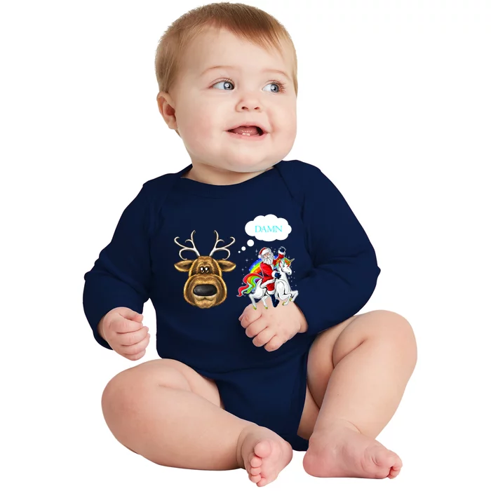 Funny Reindeer Replaced By Unicorn With Santa Claus Baby Long Sleeve Bodysuit