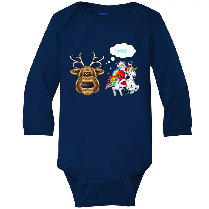 Funny Reindeer Replaced By Unicorn With Santa Claus Baby Long Sleeve Bodysuit