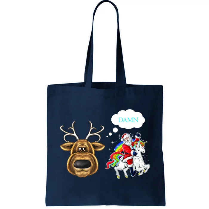 Funny Reindeer Replaced By Unicorn With Santa Claus Tote Bag