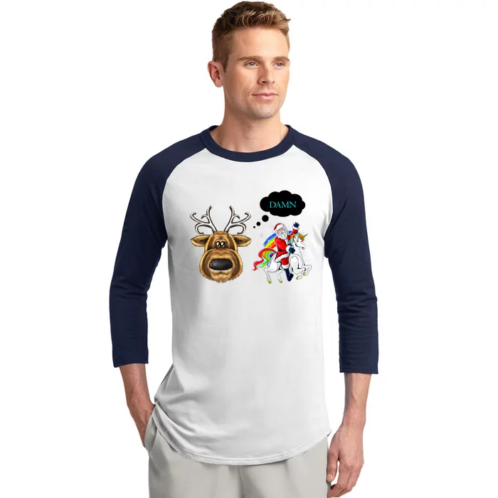 Funny Reindeer Replaced By Unicorn With Santa Claus Baseball Sleeve Shirt