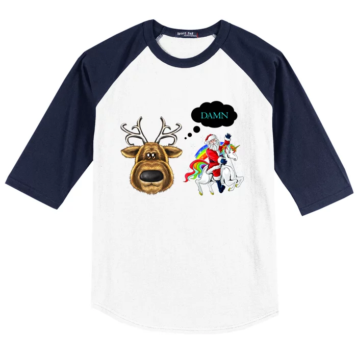 Funny Reindeer Replaced By Unicorn With Santa Claus Baseball Sleeve Shirt