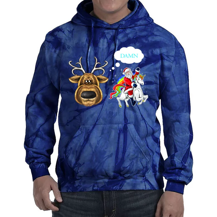 Funny Reindeer Replaced By Unicorn With Santa Claus Tie Dye Hoodie