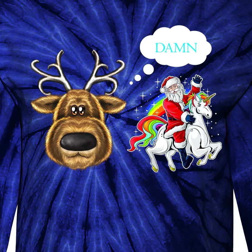 Funny Reindeer Replaced By Unicorn With Santa Claus Tie-Dye Long Sleeve Shirt