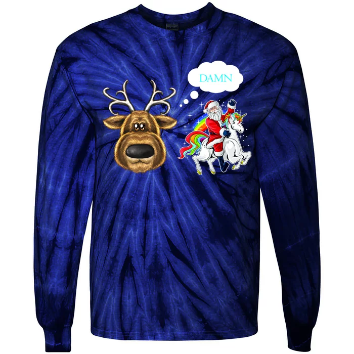 Funny Reindeer Replaced By Unicorn With Santa Claus Tie-Dye Long Sleeve Shirt