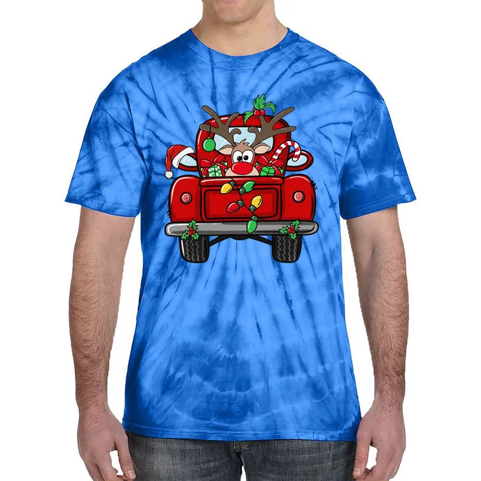 Funny Rudolph Reindeer On Red Truck Christmas Light Tie-Dye T-Shirt