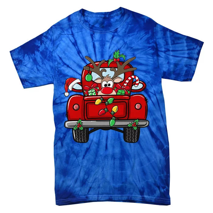 Funny Rudolph Reindeer On Red Truck Christmas Light Tie-Dye T-Shirt