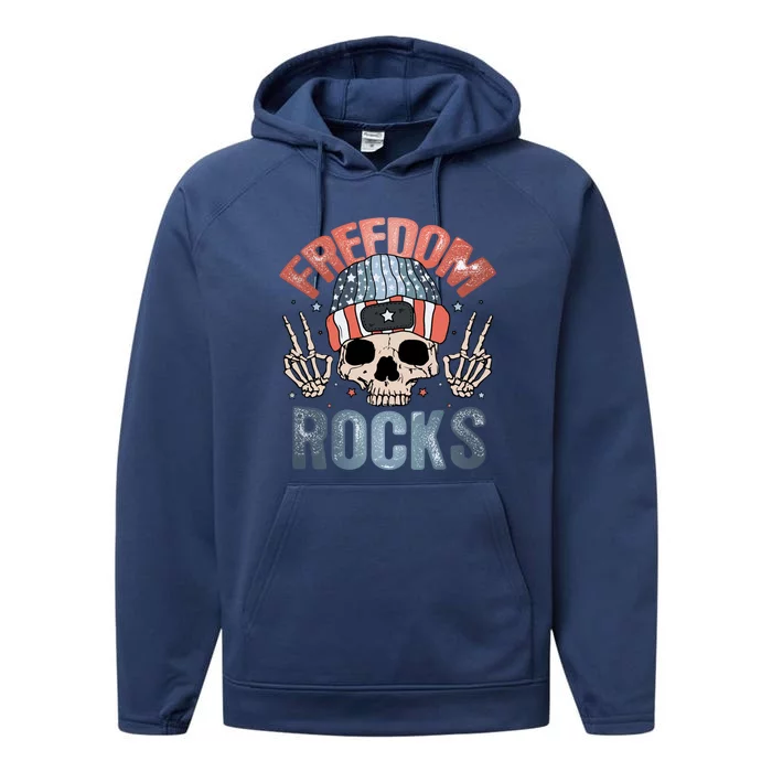 Freedom Rocks Retro 4th Of July Skull Skeleton American Funny Gift Performance Fleece Hoodie