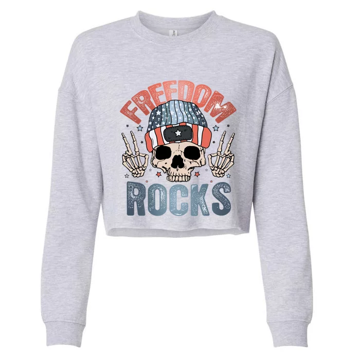 Freedom Rocks Retro 4th Of July Skull Skeleton American Funny Gift Cropped Pullover Crew