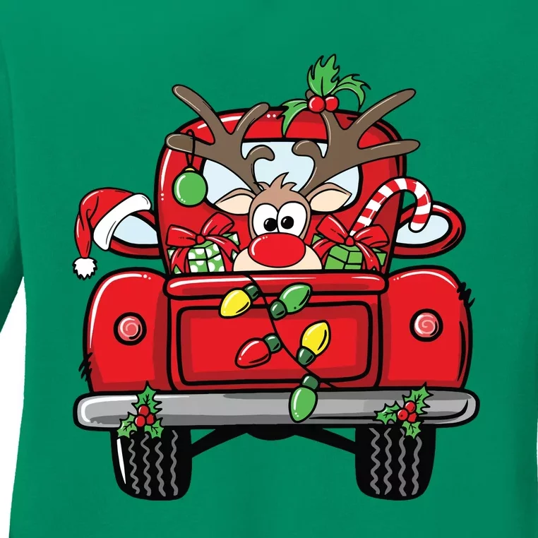 Funny Rudolph Reindeer On Red Truck Christmas Light Ladies Long Sleeve Shirt