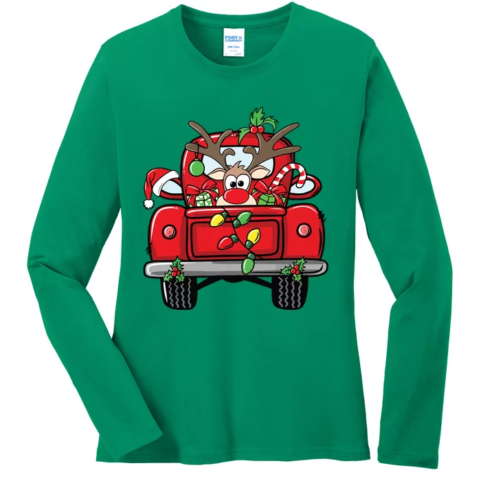 Funny Rudolph Reindeer On Red Truck Christmas Light Ladies Long Sleeve Shirt