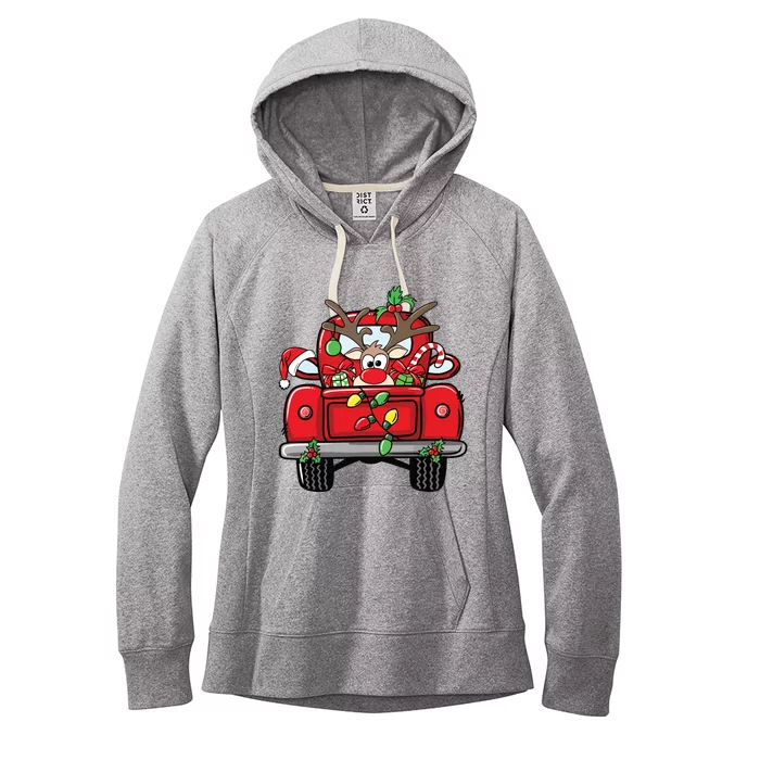 Funny Rudolph Reindeer On Red Truck Christmas Light Women's Fleece Hoodie