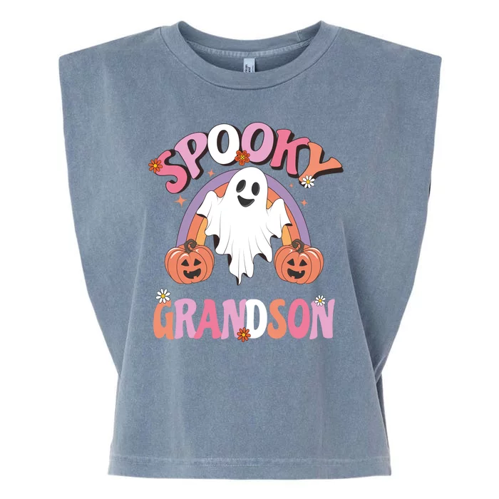 Family Retro Spook Grandson Groovy Retro Halloween Ghost Costume Gift Garment-Dyed Women's Muscle Tee