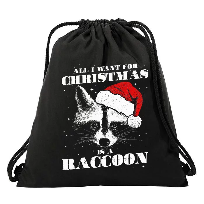 Funny Raccoon Santa All I want for Christmas is a Raccoon Drawstring Bag