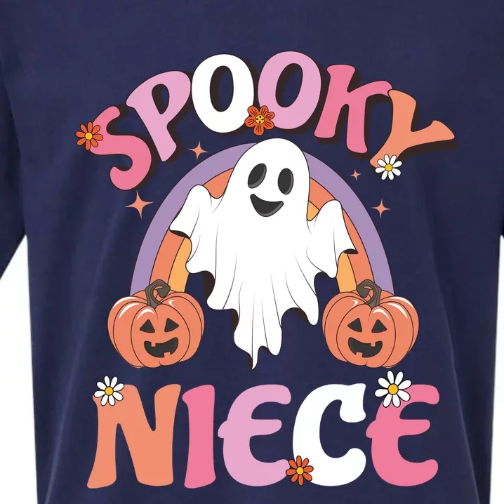 Family Retro Spooky Niece Groovy Retro Halloween Ghost Costume Gift Sueded Cloud Jersey T-Shirt