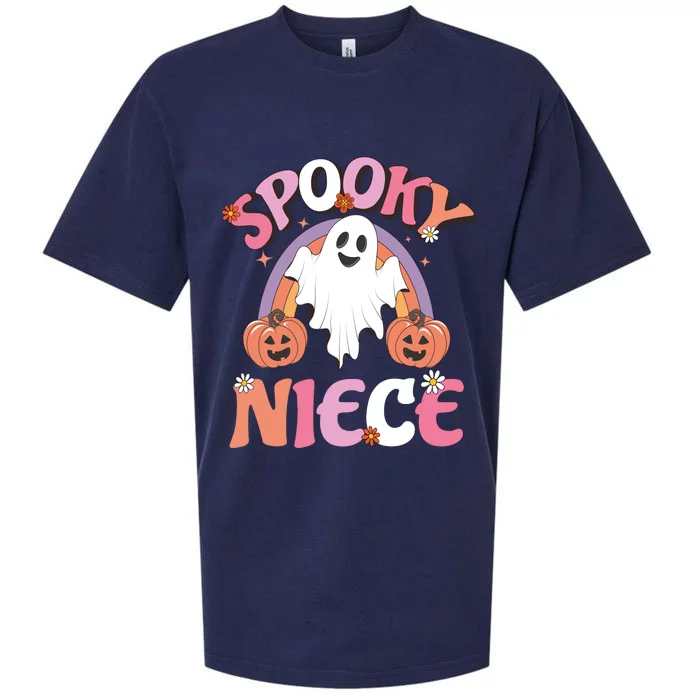 Family Retro Spooky Niece Groovy Retro Halloween Ghost Costume Gift Sueded Cloud Jersey T-Shirt