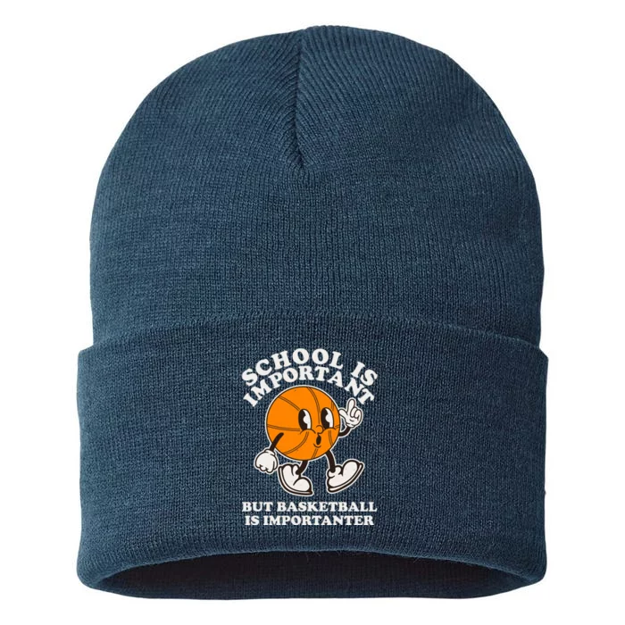 Funny Retro School Is Important But Basketball Is Importanter Sustainable Knit Beanie