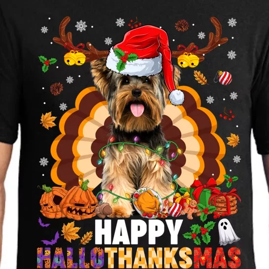 Funny Reindeer Santa Turkey Yorkie Dog Happy Hallothanksmas Gift Pajama Set