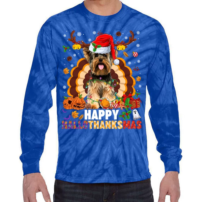 Funny Reindeer Santa Turkey Yorkie Dog Happy Hallothanksmas Gift Tie-Dye Long Sleeve Shirt