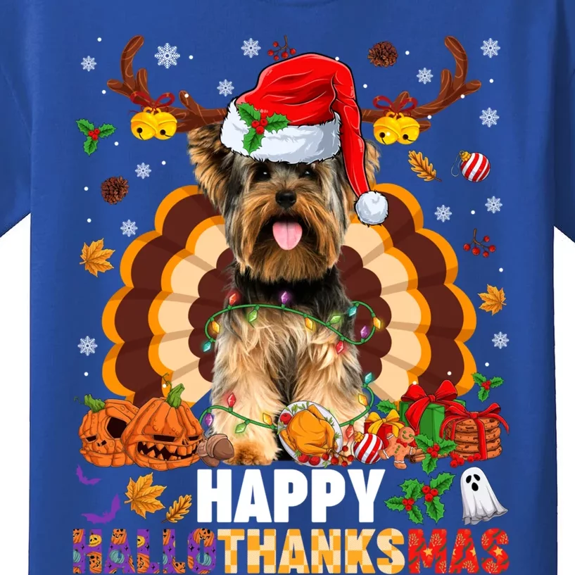 Funny Reindeer Santa Turkey Yorkie Dog Happy Hallothanksmas Gift Kids T-Shirt