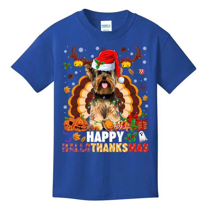 Funny Reindeer Santa Turkey Yorkie Dog Happy Hallothanksmas Gift Kids T-Shirt