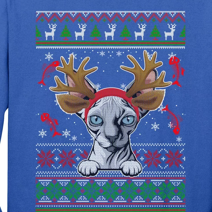 Funny Reindeer Sphynx Cat Xmas Lights Ugly Christmas Sweater Gift Long Sleeve Shirt