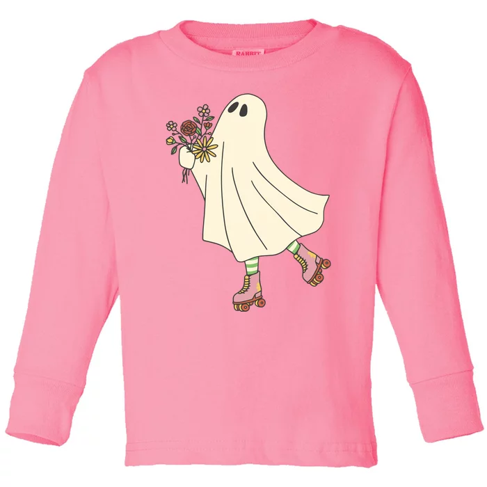 Floral Roller Skating Ghost Toddler Long Sleeve Shirt