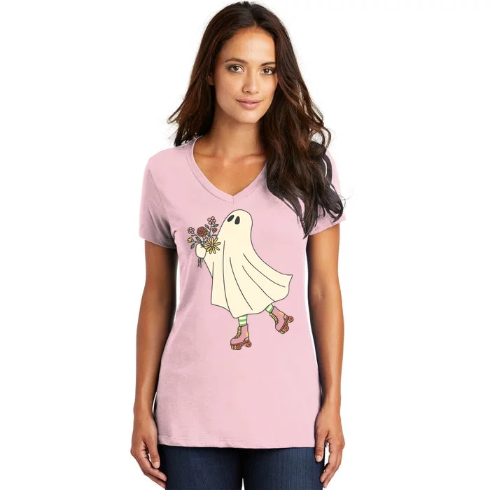 Floral Roller Skating Ghost Women's V-Neck T-Shirt