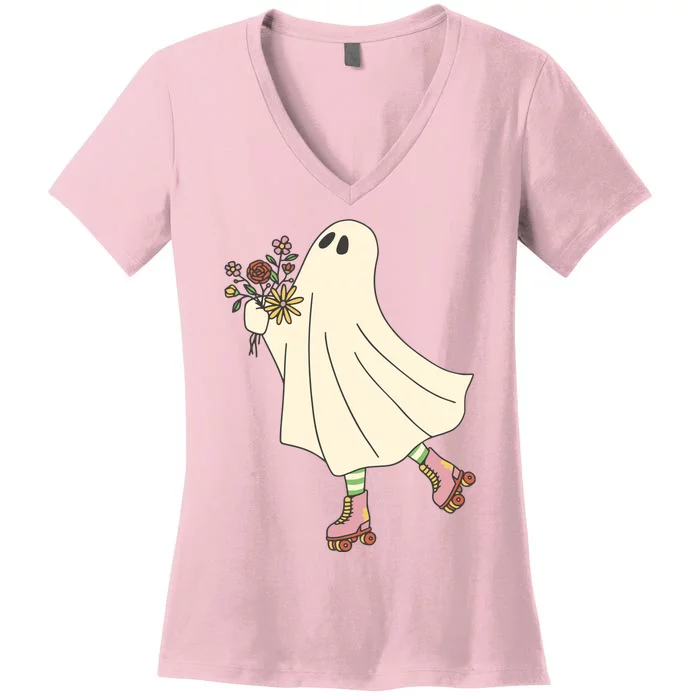 Floral Roller Skating Ghost Women's V-Neck T-Shirt