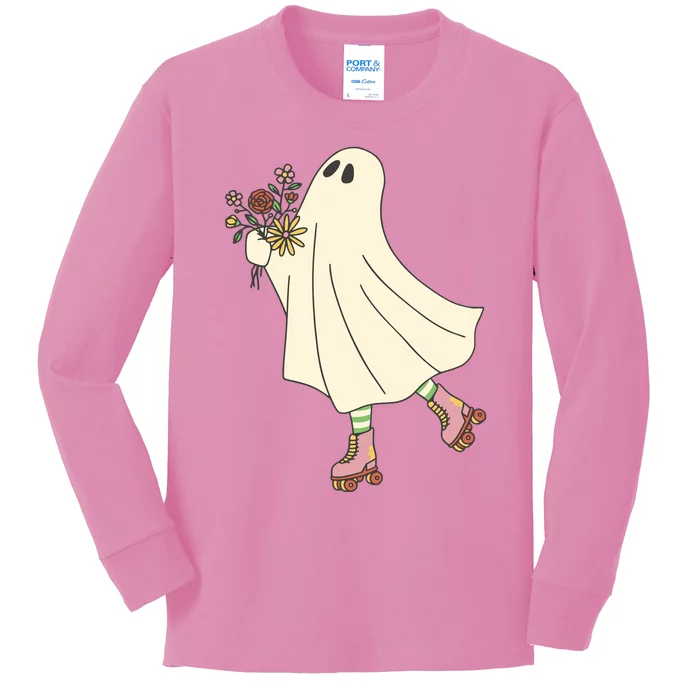 Floral Roller Skating Ghost Kids Long Sleeve Shirt