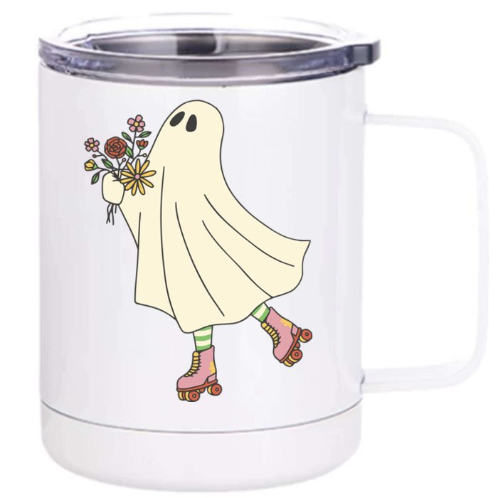 Floral Roller Skating Ghost Front & Back 12oz Stainless Steel Tumbler Cup