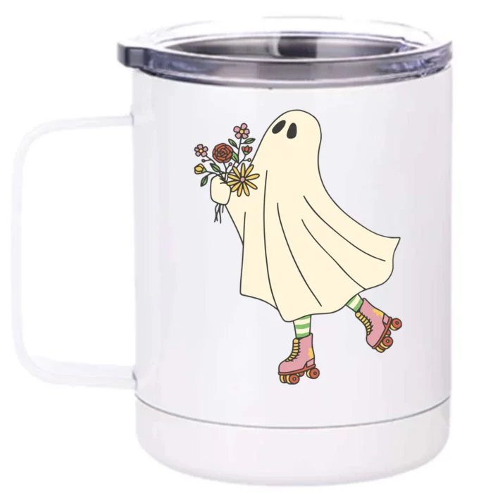 Floral Roller Skating Ghost Front & Back 12oz Stainless Steel Tumbler Cup