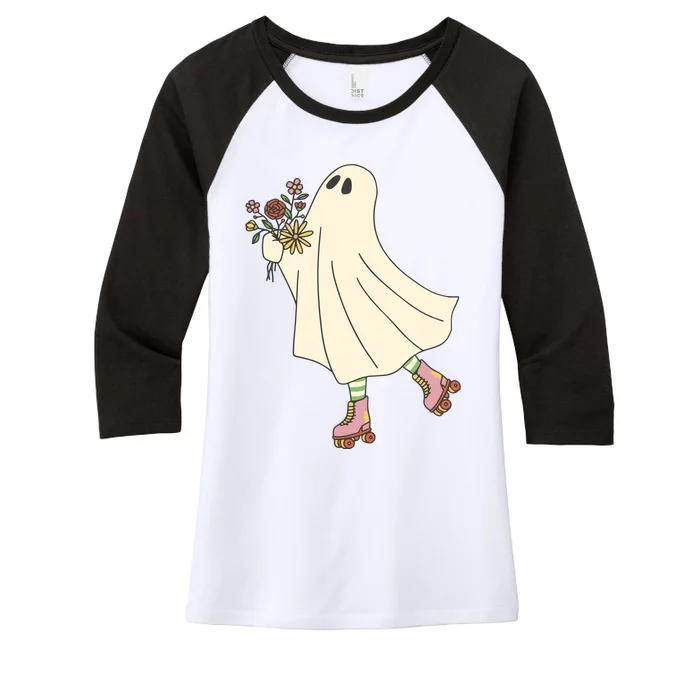 Floral Roller Skating Ghost Women's Tri-Blend 3/4-Sleeve Raglan Shirt