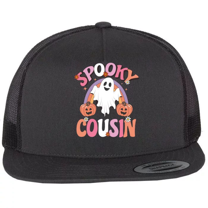 Family Retro Spooky Cousin Groovy Retro Halloween Ghost Costume Gift Flat Bill Trucker Hat