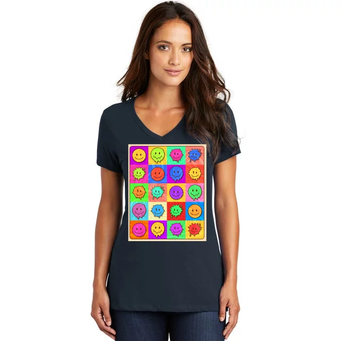 Funny Retro Trippy Smiley Pop Art Poster Women's V-Neck T-Shirt