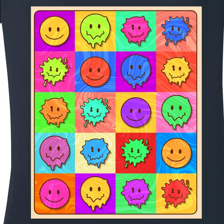 Funny Retro Trippy Smiley Pop Art Poster Women's V-Neck T-Shirt