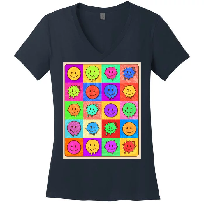 Funny Retro Trippy Smiley Pop Art Poster Women's V-Neck T-Shirt