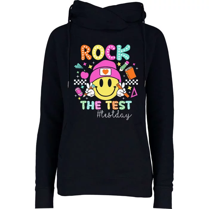 Funny Rock The Test Testing Day Teacher Student Motivational Womens Funnel Neck Pullover Hood