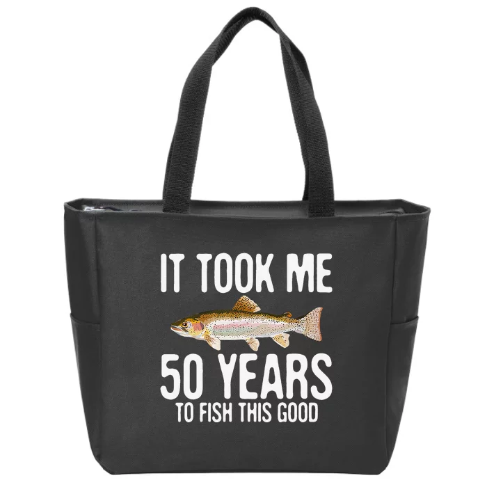 Funny Rainbow Trout Fishing 50th Birthday 50 Years To Fish Zip Tote Bag