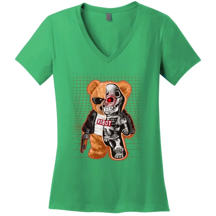 Funny Robot Terminator Teddy Bear Women's V-Neck T-Shirt