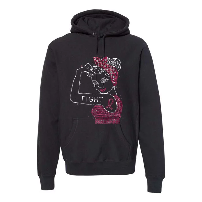 Fight Rosie The Riveter Rhinestone Breast Cancer Awareness Premium Hoodie