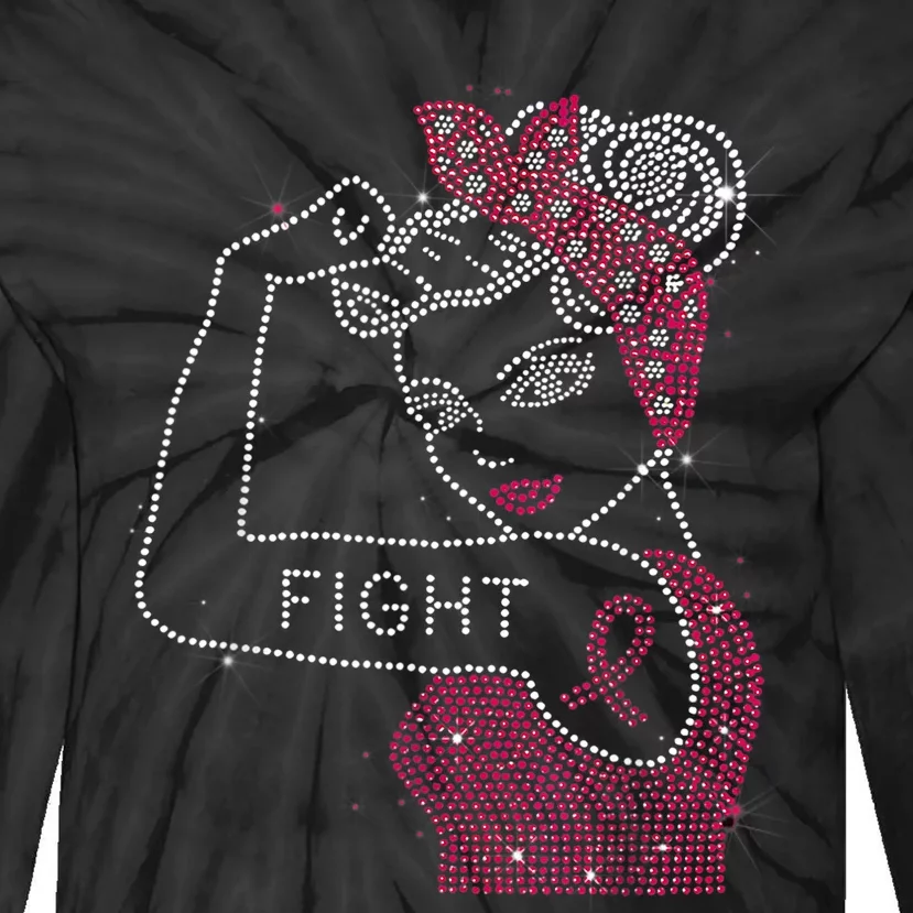 Fight Rosie The Riveter Rhinestone Breast Cancer Awareness Tie-Dye Long Sleeve Shirt