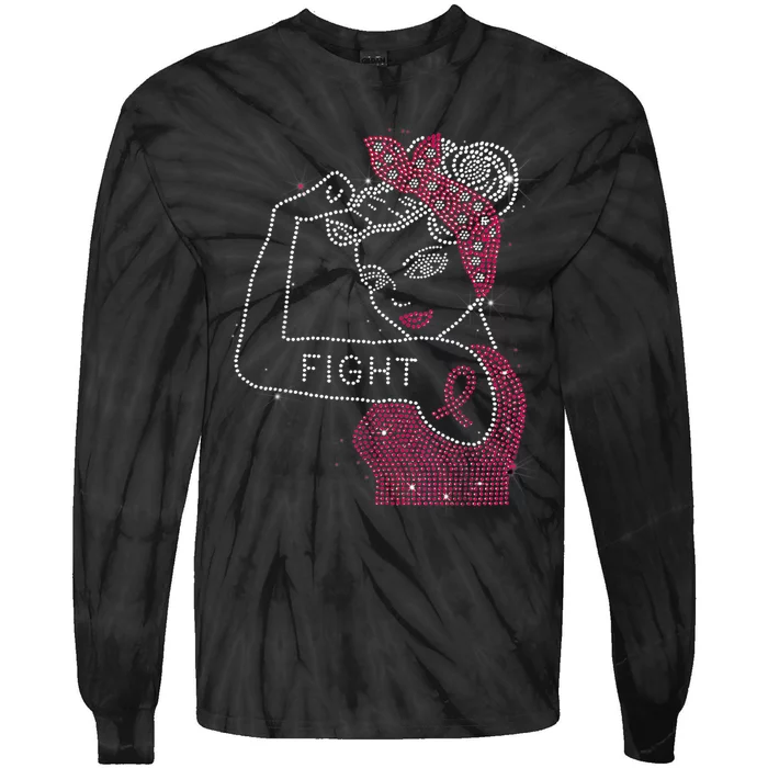 Fight Rosie The Riveter Rhinestone Breast Cancer Awareness Tie-Dye Long Sleeve Shirt