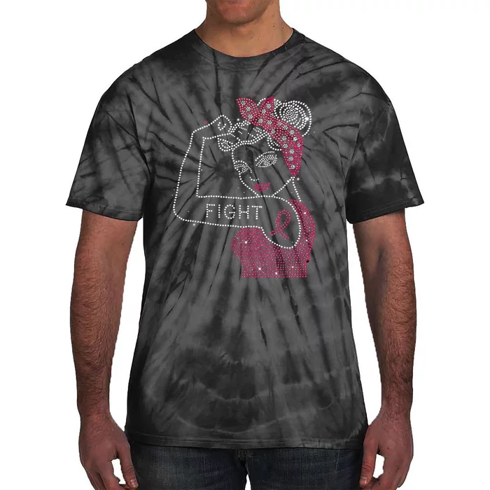 Fight Rosie The Riveter Rhinestone Breast Cancer Awareness Tie-Dye T-Shirt