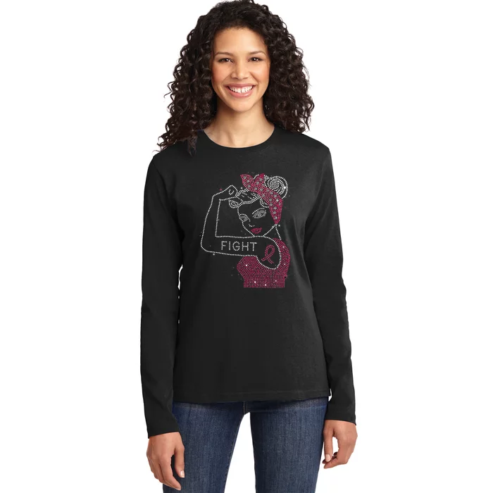 Fight Rosie The Riveter Rhinestone Breast Cancer Awareness Ladies Long Sleeve Shirt