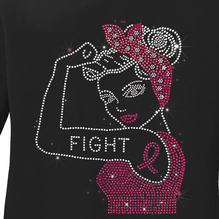 Fight Rosie The Riveter Rhinestone Breast Cancer Awareness Ladies Long Sleeve Shirt